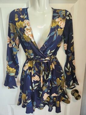 Parisian Works Navy Floral Wrap Mini Dress